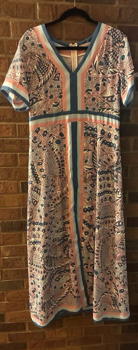 CK Bradley Blue/Pink Leland Trim V-Neck Maxi Dress Womens Large